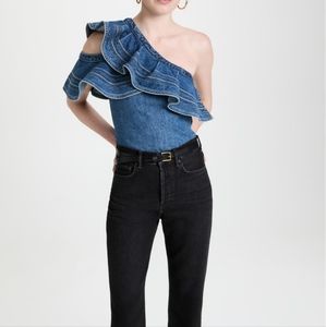 Self Portrait Blue Denim Asymmetric Frill Top